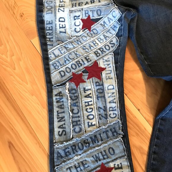 1970s Rock Band Patchwork Jeans, Size 12: Upcycled Bleached Band Patches & Stars - Picture 6 of 12